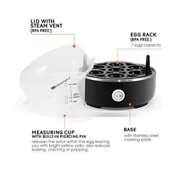 Elite Gourmet EGC115B Easy Egg Cooker Electric 7-Egg Capacity, Soft, Medium, Hard-Boiled Egg Cooker with Auto Shut-Off, Measuring Cup Included, BPA Free, Classic Black