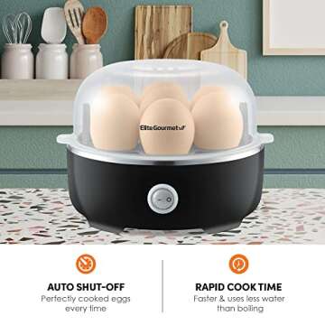 Elite Gourmet EGC115B Easy Egg Cooker Electric 7-Egg Capacity, Soft, Medium, Hard-Boiled Egg Cooker with Auto Shut-Off, Measuring Cup Included, BPA Free, Classic Black