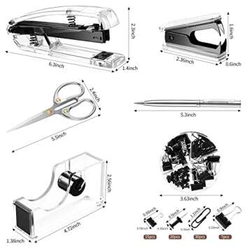 Outus Office Supplies Set Desk Accessory Kit, Acrylic Stapler Set Staple Remover, Tape Dispenser, Binder Clips, Paper Clips, Ballpoint Pen and Scissor with 1000 Pieces 26/6 Staples (Black)