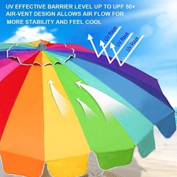 AMMSUN 7.5ft Heavy Duty HIGH Wind Beach Umbrella with sand anchor & Tilt Sun Shelter, UPF 50+ Protection Outdoor Umbrellas Sunshade with Carry Bag for Patio Garden Pool Backyard Rainbow