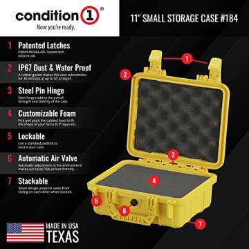 Condition 1 Premium Dual Pistol Hard Case with Foam, Yellow | 9" x 7" x 4" | Waterproof Case for Handguns and Mags | Customizable Foam | TSA Ready