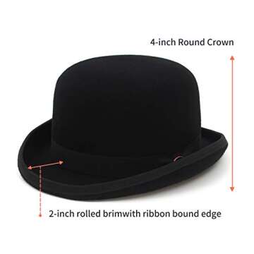 GEMVIE Black Derby Hat 100% Wool Theater Quality Hat Bowler Hat for Men Women Vintage Costumes