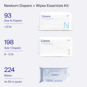 Coterie Baby Diapers + Wipes Baby Kit, Size 1 (198 Count) Size Newborn (93 Count) 4 Wipe Packs (224 Wipes) Made with Plant Derived Fibers, Hypoallergenic, for Sensitive Skin, Clean Ingredients