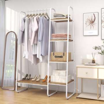 Tangkula Garment Rack with Shelves, Clothes Rack with 5 Shelves & Hanging Bar, Open Wardrobe for Hanging Clothes and Storage, Free Standing Closet Organizer, Clothing Rack for Bedroom Entryway