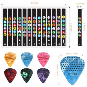 Guitar Fretboard Stickers & Chord Chart - 6 Picks Included