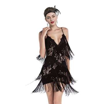 Women's Flapper Dress 1920s Gatsby Tassel Sway Dance Cocktail Dress with 20s Accessories Set (XL, Black)