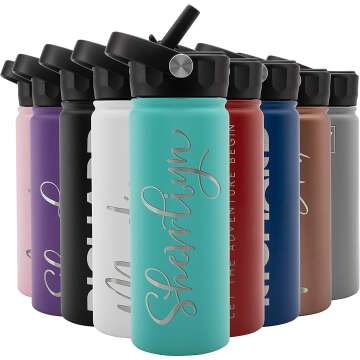 Amazing Items Personalized Water Bottle w/ Straw & Lid, 18 oz - Teal | Custom Stainless Steel Sports Water Bottle w/ Name and Text - Double-Wall, Vacuum Insulated - Rotating Handle