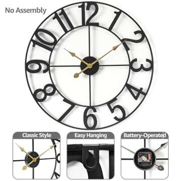 Sorbus Large Wall Clock for Living Room Decor - Wall Clock for Kitchen - 24 inch Big Wall Clock Decorative - Metal Wall Art - Analog Large Clock for Bedroom, Home, Kitchen, Office, Wall Decor (Black)