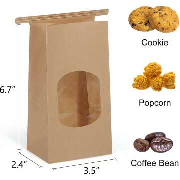 Eupako 3.54x2.36x6.7" Bakery Bags with Window 50 PCS Brown Tin Tie Tab Lock Bags Kraft Paper Bags for Cookies, Coffee, Included 50 PCS Handmade Stickers
