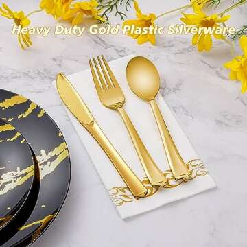 Goodluck 150PCS Gold Plastic Silverware, Gold Utensils Disposable, Plastic Cutlery Set of 50 Gold Forks, 50 Gold Spoons, 50 Gold Knives for Wedding, Party, Birthday, Holidays