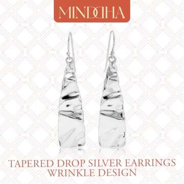 MINDDHA 925 Sterling Silver Earrings - Tapered Drop Silver Earrings Wrinkle Design - Handcrafted Earrings From Israeli Artisans - Minimalist Silver Drop Earrings, Drop length 1.6 Inch,