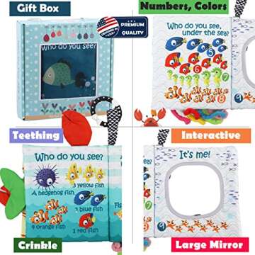 Fish Soft Baby Book Toys,Touch and Feel Cloth Crinkle Books for Babies, Infant Baby Toys 0-3-6-12-18 Months,Early Learning Education Toys,Mirror Toy,Shower Baby Gifts Christmas for Boys Girls-GIF Box