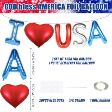 I Love USA Red White and Blue Balloons, 16 Inch 4th of July Decorations with Red Heart Alluminum Balloons Patriotic Decor for Independence Day Garden Outdoor Office Memorial Veterans Day Party Favors