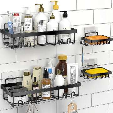 Moforoco 4-Pack Shower Caddy Shelf Organizer Rack with Shower Bar Soap Holder Wall, Self Adhesive Black Bathroom Set Decor, RV Shampoo Organization Storage Accessories, Household Essentials