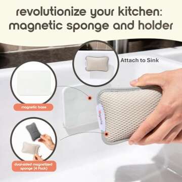 Magniche Magnetic Dish Sponge System - 3-in-1 Magnetic Sponge Holder + Dual-Sided Kitchen Sponge & Metal Scrubber, Dishwasher Safe, 1-Year Supply, Combo Pack (4 Sponges + 2 Magnetic Holders)