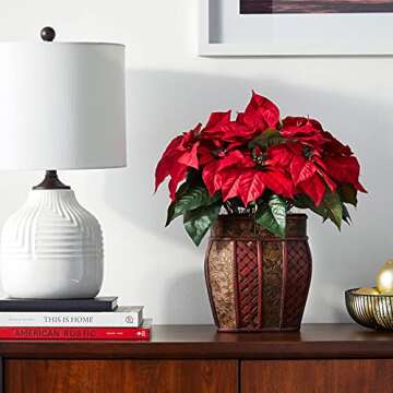 Nearly Natural Poinsettia Silk Arrangement with Decorative Vase