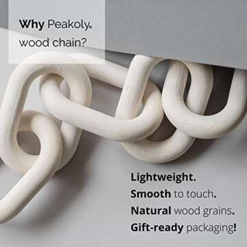 Peakoly Wood Chain Link Decor - Rustic White Washed Decorative Chain, Coffee Table Decor, Book Shelf Decor Aesthetic, Home Décor Accents, Bookshelf Decor,Boho, Country or Modern Home Décor for Shelves