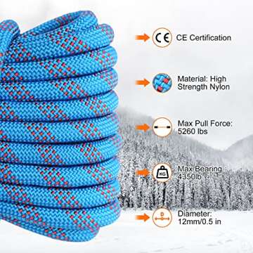 12mm Climbing Rope,10M(32ft) 15M(49ft) 20M(64ft) Static Rock Climbing Rope with 2 Steel Hooks and Bag,Tree Climbing Rappelling Rope for Outdoor, Climbing Equipment Fire Rescue Parachute Rope