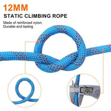 12mm Climbing Rope,10M(32ft) 15M(49ft) 20M(64ft) Static Rock Climbing Rope with 2 Steel Hooks and Bag,Tree Climbing Rappelling Rope for Outdoor, Climbing Equipment Fire Rescue Parachute Rope