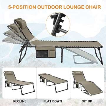 KingCamp Chaise Lounge Outdoor 5-Position Adjustable Patio Lounge Chair,Folding Tanning Chair for Lawn,Beach, Sunbathing,Heavy-Duty Camping Chair