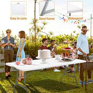 ANJONG ANJ 6FT Dining Table, Foldable Plastic Utility Table, Indoor Outdoor Camping, Picnics and Parties, White, Load Capacity 330 lbs