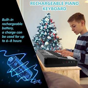 M SANMERSEN Piano Keyboard for Beginners, 37 Keys Built-in 1200mA Rechargeable Battery Electronic Piano Keyboard Portable Music Piano Keyboard with Mic LED Screen Teaching Gift for Beginners, Black