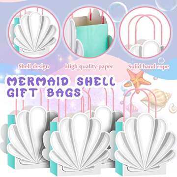 Glenmal 24 Pcs Mermaid Shell Gift Bags Mermaid Party Favor Bags Mermaid Goodie Bags Portable Candy Treat Bags for Ocean Under Sea Birthday Baby Shower Party Supplies, 5.91 x 5.12 x 2.76 Inch (White)