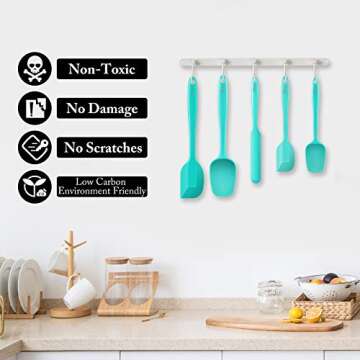 HOTEC Food Grade Silicone Rubber Spatula Set Kitchen Utensils for Baking, Cooking, and Mixing High Heat Resistant Non Stick Dishwasher Safe BPA-Free Set of 5 Aqua Sky