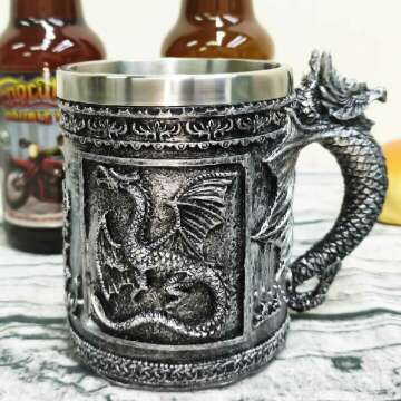 CUZOKOLA Medieval Dragon Mug Dungeons and Dragons Beer Stein Cup for Game Mug of Thrones Gifts Decor -14oz Reusable Stainless Steel Dragon Coffee Mug Drinking Cup for Men Father's Day Gifts,Party Cup