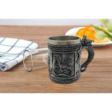 CUZOKOLA Medieval Dragon Mug Dungeons and Dragons Beer Stein Cup for Game Mug of Thrones Gifts Decor -14oz Reusable Stainless Steel Dragon Coffee Mug Drinking Cup for Men Father's Day Gifts,Party Cup