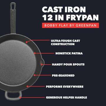 GreenPan x Bobby Flay 12” Cast Iron Pre-Seasoned Skillet with Helper Handle, Professional Grade Heavy Duty, Induction Suitable, Versatile Stovetop, Oven, BBQ, Fire & Grill, Indoor/Outdoor Use, Black