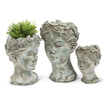 Abbott Collection Goddess Head Planter - Large Cement Indoor and Outdoor Planter Pot - Grecian Woman Statue Head Planter for Flowers and Succulents - Grey (10" H, 4.5" Opening)