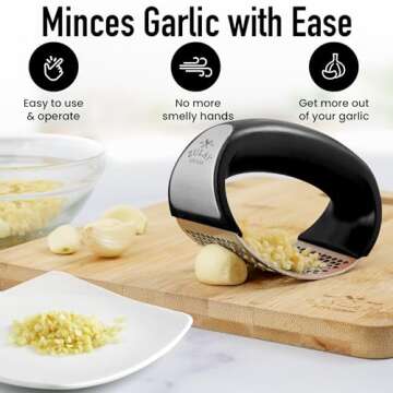 Zulay Stainless Steel Garlic Press Rocker Set - Premium Garlic Mincer Garlic Crusher - New Innovative Garlic Crusher with Peeler and Scraper - Comfortable Grip (Black)