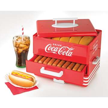 Nostalgia Extra Large Diner-Style Coca-Cola Hot Dog Steamer and Bun Warmer, 24 Hot Dog and 12 Bun Capacity, Steam Bratwursts, Sausages, Vegetables, Fish, Dumplings, Red