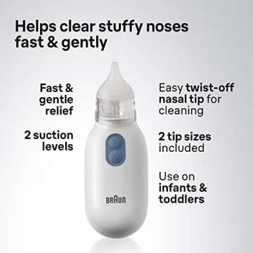 Braun Electric Nasal Aspirator - Mucus Remover, Blocked Nose Relief for Newborn, Baby and Toddler, Electric Suction Power, 2 Suction Levels, 2 Nose Tip Sizes, Dishwasher Safe, FSA and HSA Eligible