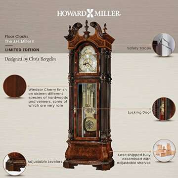 Howard Miller The J.H. Miller II Floor Clock 611-031 – Windsor Cherry Finish, Grandfather Timepiece, Cable-Driven Triple-Melody, Nine-Tubular Chime Movement