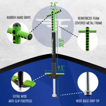 Flybar Maverick Pogo Stick for Kids Ages 5+, 40 to 80 Pounds, Perfect for Beginners, Easy Grip Handles, Anti-Slip Pegs, Outdoor Toys for Boys, Jumper Toys for Girls, Outside Toys for Kids (Green)