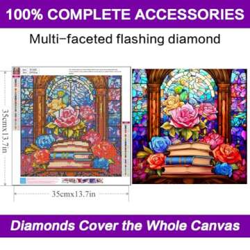 5D DIY Diamond Painting Kits for Adults,Stained Glass Book Flower Diamond Art Kits for Beginners Round Full Drill Diamond Painting for Home Wall Decoration Gift 12×12inch