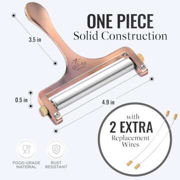 Zulay Cheese Slicer With Adjustable Thickness - Wire Cheese Slicer For Mozzarella Cheese, Cheddar Cheese, Gouda Cheese - Cheese Slicers For Block Cheese Heavy Duty With 2 Extra Wires (Copper)