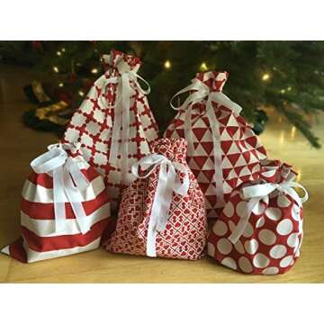 Appleby Lane 100% Cotton Gift Bags (Standard Set, Red), Set of 5 bags: three 16"x12" and two 10"x8"