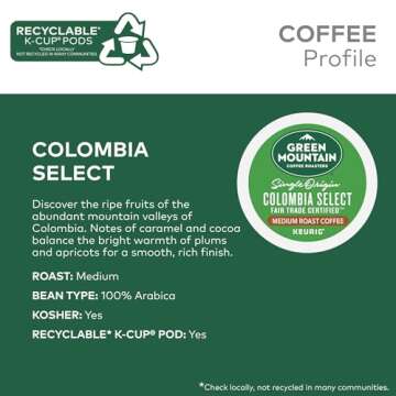 Green Mountain Coffee Roasters Colombia Select, Keurig Single Serve K-Cup Pods, Medium Roast Coffee, 60 Count, (6 Packs of 10)