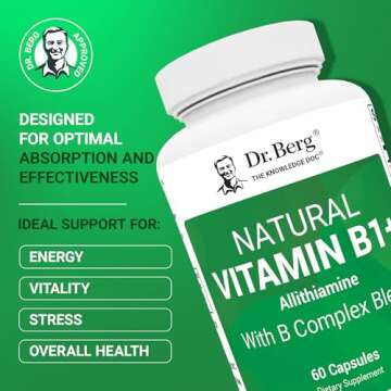 Dr. Berg Natural Vitamin B1 B6 B12 Complex - Allithiamine Vitamin B1 Supplement with 8 Essential Vitamin B Complex for Men & Women Including Thiamin, Niacin, Folate, Magnesium & More - 60 Capsules