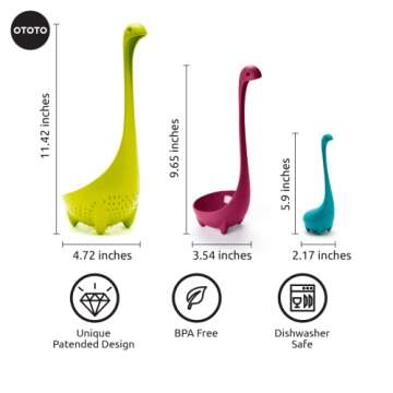 The Nessie Family by OTOTO - Pack of 3 Tea Infuser, Soup Ladle, and Colander - Cute Kitchen Accessories, Cooking Gifts, Funny Kitchen Gadgets, Kitchen Gifts