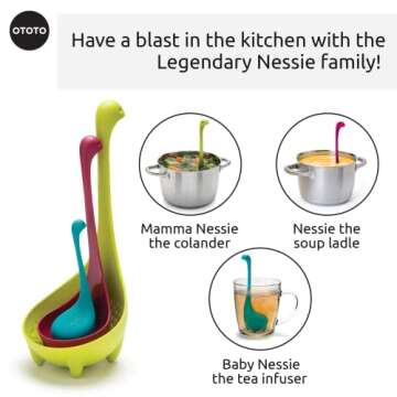 The Nessie Family by OTOTO - Pack of 3 Tea Infuser, Soup Ladle, and Colander - Cute Kitchen Accessories, Cooking Gifts, Funny Kitchen Gadgets, Kitchen Gifts