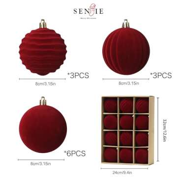 Senjie Velvet Christmas Balls Flocked Christmas Tree 3.15inch Ornaments 12PCS Plastic Balls Xmas Hanging Ornaments Decoration Red