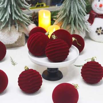 Senjie Velvet Christmas Balls Flocked Christmas Tree 3.15inch Ornaments 12PCS Plastic Balls Xmas Hanging Ornaments Decoration Red