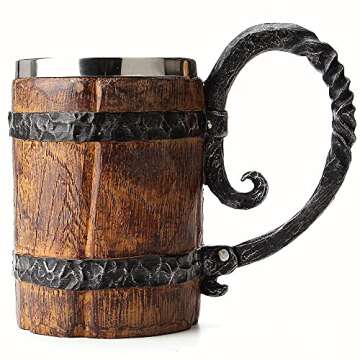 OTARTU Vintage Faux Oak Wood Barrel Beer Mug, Medieval Retro Viking Stainless Steel Coffee Cup Stein Tankard,17oz/500ML Cup Mug,Unique Gift