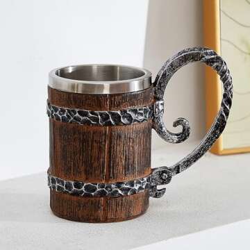 OTARTU Vintage Faux Oak Wood Barrel Beer Mug, Medieval Retro Viking Stainless Steel Coffee Cup Stein Tankard,17oz/500ML Cup Mug,Unique Gift