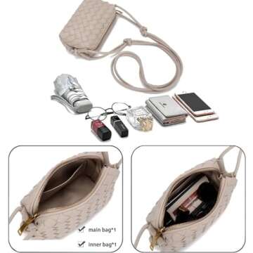 Woven Crossbody Bags for Women，Fashion Leather Lightweight Handbags Shoulder Bag Phone Wallet Purse Stylish Ladies Messenger Bags，Creamy White