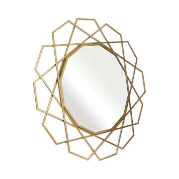 35" Mounted Round Metal Wall Mirror - Contemporary Gold Geometric Hanging Mirror for Bedroom, Bathroom, Home or Office Wall Decor Accent